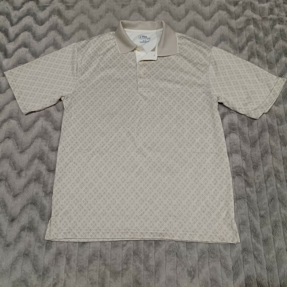 PGA Tour Mens Size M Creme Short Sleeve Diamond Pattern Polo Shirt